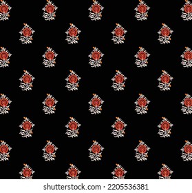 Mughal floral motif black ground seamless pattern. Pakistani illustration.