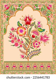 Mughal floral traditional ornament with an arch and a motif borders. Recycled ethnic Indian miniature. Vector illustration design.