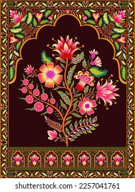 Mughal floral traditional ornament with an arch and a motif borders. Recycled ethnic Indian miniature. Vector illustration design.