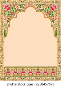 Mughal floral traditional ornament with an arch and a motif borders. Recycled ethnic Indian miniature. Vector illustration design.