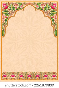 Mughal floral traditional ornament with an arch and a motif borders. Recycled ethnic Indian miniature. Vector illustration design.