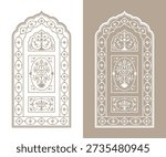 Mughal floral window panel in traditional antique style. Vintage Indian arch frame with ornamental floral pattern.
