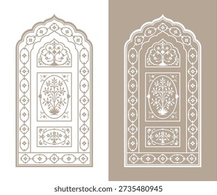 Mughal floral window panel in traditional antique style. Vintage Indian arch frame with ornamental floral pattern.
