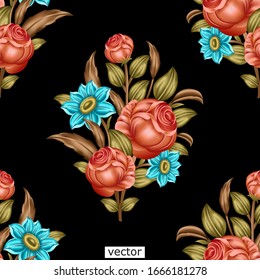 mughal flower bunch  pattern black background