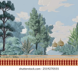 Jardim florestal mogol com cúpula, pássaros, planta e árvore botânica paisagem padrão ilustração, Mural de parede mogol.
