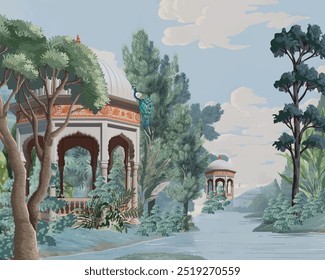 Jardim florestal mogol com cúpula, pássaros, planta e árvore botânica paisagem padrão ilustração, Mural de parede mogol.
