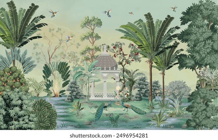 Moghul Waldgarten mit Pfau, Vögel, Pflanzen-und botanische Baumlandschaft Illustrationsmuster, Moghul Wandbild.