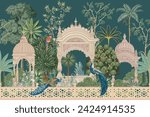 Mughal forest garden with peacock, parrot, plant and botanical tree landscape illustration pattern