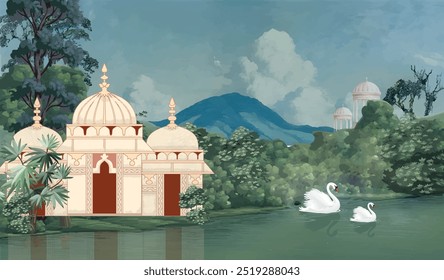 Jardim florestal mogol com templos, lago, colina, planta e padrão de ilustração de paisagem de árvore botânica, Mural de parede mogol.