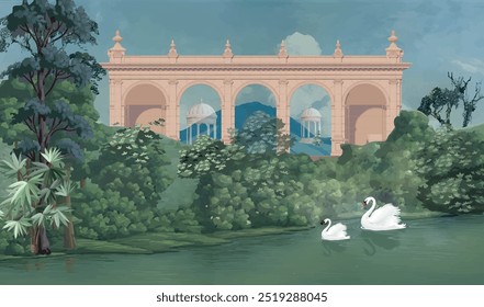 Mughal forest garden with temples, lake, hill, plant and botanical tree landscape illustration pattern, Mughal Wall Mural.