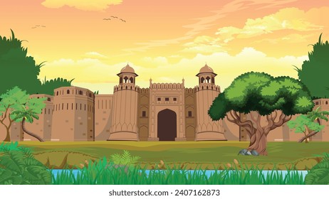 Mughal Fort, Ancient Fort, Fort in Forest near to River, Hills, Trees, Grass, etc.