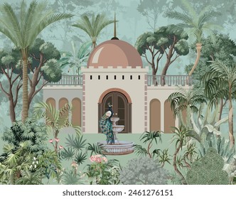 Mughal garden, Arabian garden house, Dome, Watercolor background, Peacock.