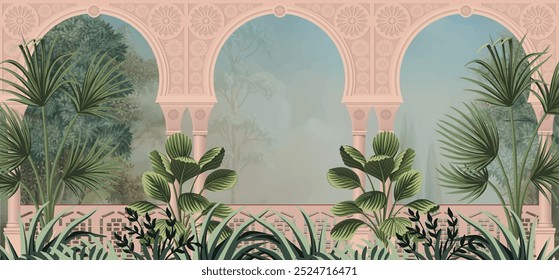 Jardim mogol, arco, ilustração de pássaro para papel de parede. Papel de parede vetor da selva tropical.