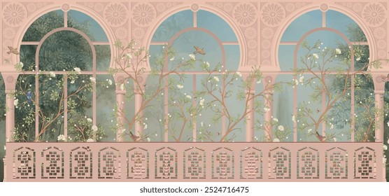 Mughal garden, arch, bird illustration for wallpaper. Tropical jungle vector wallpaper.