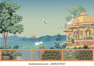 Mughal garden arch, dome illustration for wallpaper. Botanical tree landscape illustration. Water lily and swan in a beautiful lake.