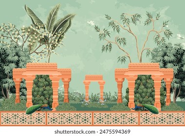 Mughal garden arch, dome illustration for wallpaper, Mughal ancient landscape wallpaper. Traditional Mughal forest garden illustration.peacock wallpaper illustrations.