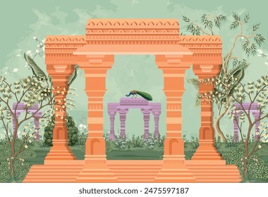 
Mughal garden arch, dome illustration for wallpaper, Mughal ancient landscape wallpaper. Traditional Mughal forest garden illustration.peacock wallpaper illustrations.