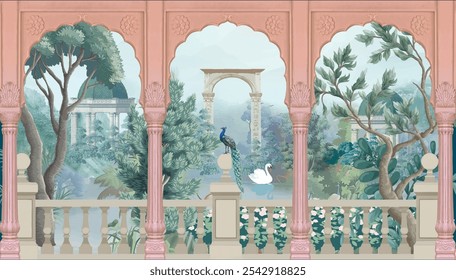 Mughal garden with arch, dome illustration for wallpaper. Botanical tree landscape illustration and swan in a beautiful lake.