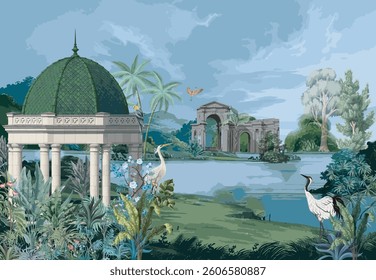 Mughal garden arch, dome illustration for wallpaper, peacock, bird, botanical tree and flower for wallpaper, swans water lilies in a lake.
