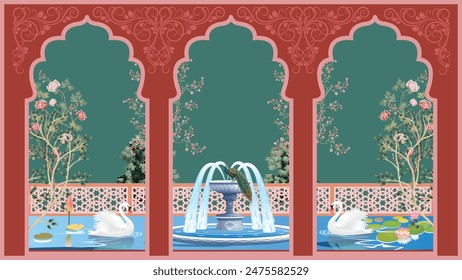 Mughal garden arch, Fountain, arch landscape wallpaper.lake, swan, peacock wallpaper illustrations. Water lily and swan in a beautiful lake.