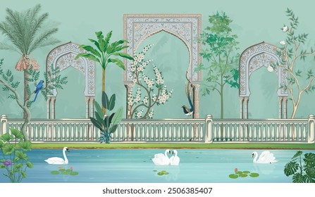 Mughal garden arch, lake, peacock, water lily, illustration. Mughal garden with exotic plants arches and a serene lake with swans and water lilies.