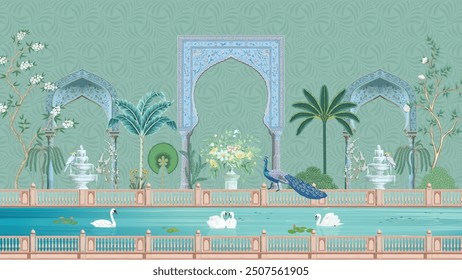 Arco de jardín mogol, lago, pavo real, lirio de agua, ilustración. Cisne de jardín mogol y un lago con nenúfares.