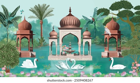 Mughal garden arch, lake, peacock, water lily, illustration. Mughal garden with swans water lilies in a lake.
