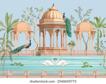 Mughal garden arch, lake, peacock, water lily, illustration. Mughal garden with swans water lilies in a lake.
