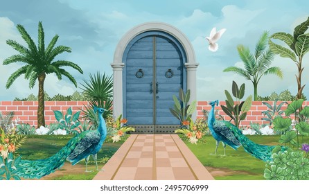 Mughal garden, arch, peacock, botanical plant landscape illustration. Mural wallpaper design.
 