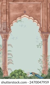 Jardín mogol con arco, pavo real, palacio, ilustración de árbol para invitación de boda