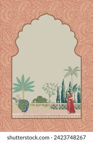 Mughal garden, arch, peacock pattern with queen for invitation