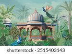 Mughal garden, arch, peacock, plant botanical landscape illustration. Royal Mughal Garden with Archway, Peacock, and Plant Motifs.