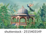 Mughal garden, arch, peacock, plant botanical landscape illustration. Royal Mughal Garden with Archway, Peacock, and Plant Motifs.