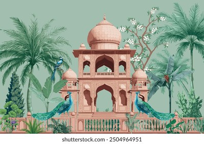 Mughal garden, arch, peacock, plant botanical landscape illustration. Traditional mughal garden arch forest wallpaper.