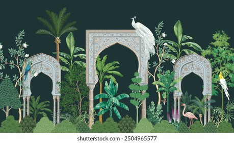 Mughal garden, arch, peacock, plant botanical landscape illustration. Trend mural wallpaper design, landscape illustration. 
