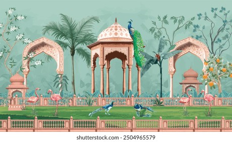 Jardín mogol, arco, pavo real, planta, ilustración de paisaje botánico. Diseño de Fondo de pantalla mural de tendencia, ilustración de paisaje. 
