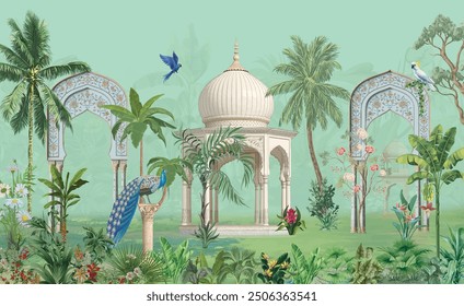 Mughal garden, arch, peacock, plant botanical landscape illustration. Trend mural wallpaper design, landscape illustration. 