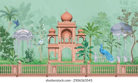 Mughal garden, arch, peacock, plant botanical landscape illustration. Trend mural wallpaper design, landscape illustration. 