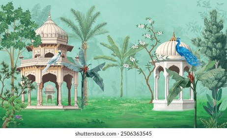 Mughal garden, arch, peacock, plant botanical landscape illustration. Trend mural wallpaper design, landscape illustration. 