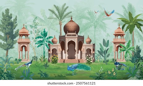 Mughal garden, arch, peacock, plant botanical landscape illustration. Trend mural wallpaper design, landscape illustration. 