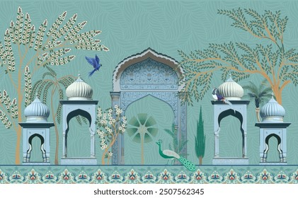 
Mughal garden, arch, peacock, plant botanical landscape illustration. Trend mural wallpaper design, botanical tree landscape illustration.
