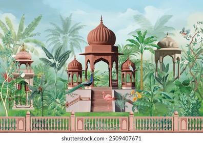 Jardín mogol, arco, pavo real, planta, ilustración de paisaje botánico. Mughal con ilustraciones de la selva botánica