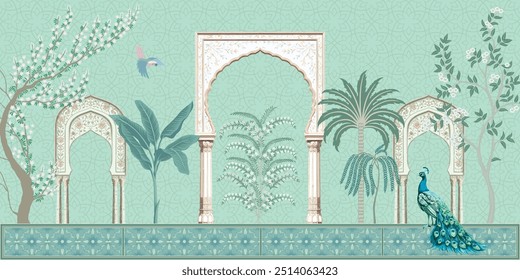 
Mughal garden, arch, peacock, plant illustration. Mughal Illustration frame for Invitation.