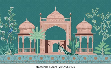 
Jardín mogol, arco, pavo real, ilustración de plantas. Marco de la ilustración de Mughal para la invitación.