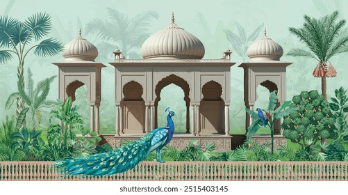 Jardim mogol, arco, pavão, planta ilustração paisagem botânica. Real Jardim Mughal com Arqueiro, Pavão e Motivos de Plantas.