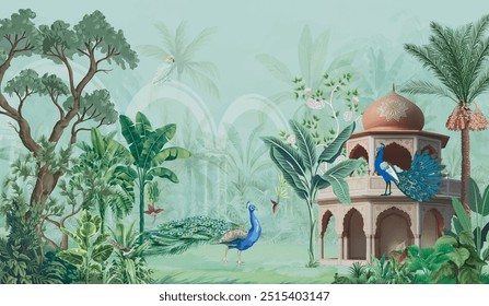 Mughal garden, arch, peacock, plant botanical landscape illustration. Royal Mughal Garden with Archway, Peacock, and Plant Motifs.