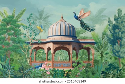 Mughal garden, arch, peacock, plant botanical landscape illustration. Royal Mughal Garden with Archway, Peacock, and Plant Motifs.