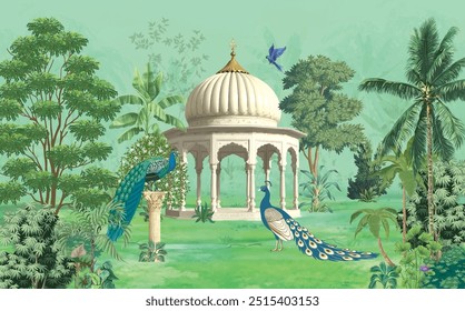 Jardín mogol, arco, pavo real, planta, ilustración de paisaje botánico. Real Jardín Mughal con motivos de arcos, pavos reales y plantas.