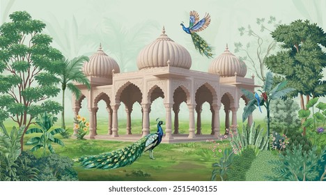 Mughal garden, arch, peacock, plant botanical landscape illustration. Royal Mughal Garden with Archway, Peacock, and Plant Motifs.