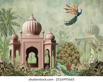 Jardim mogol, arco, pavão, planta ilustração paisagem botânica. Real Jardim Mughal com Arqueiro, Pavão e Motivos de Plantas.